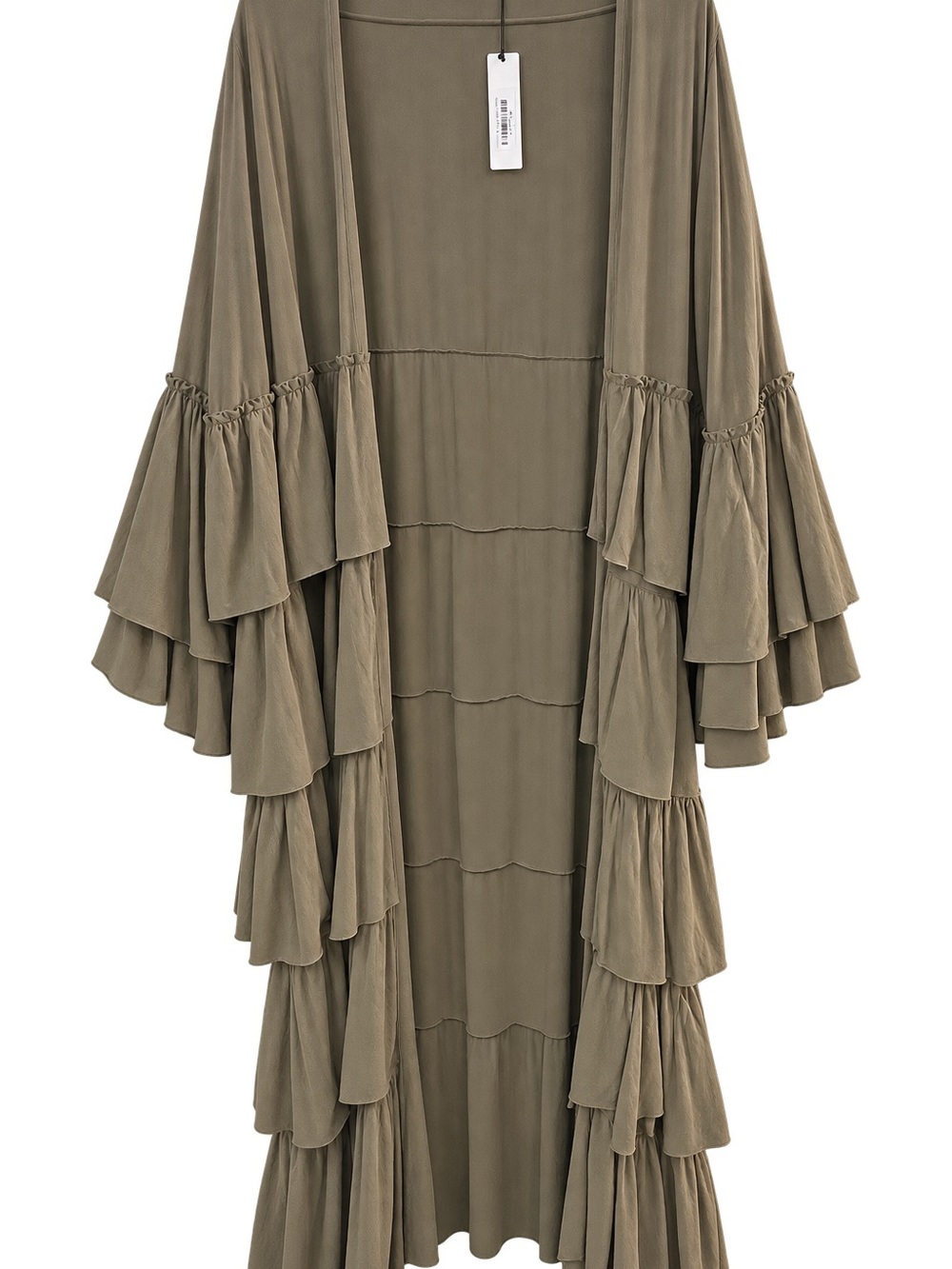 Three Bird Nest Olive Tiered Ruffle Maxi Kimono